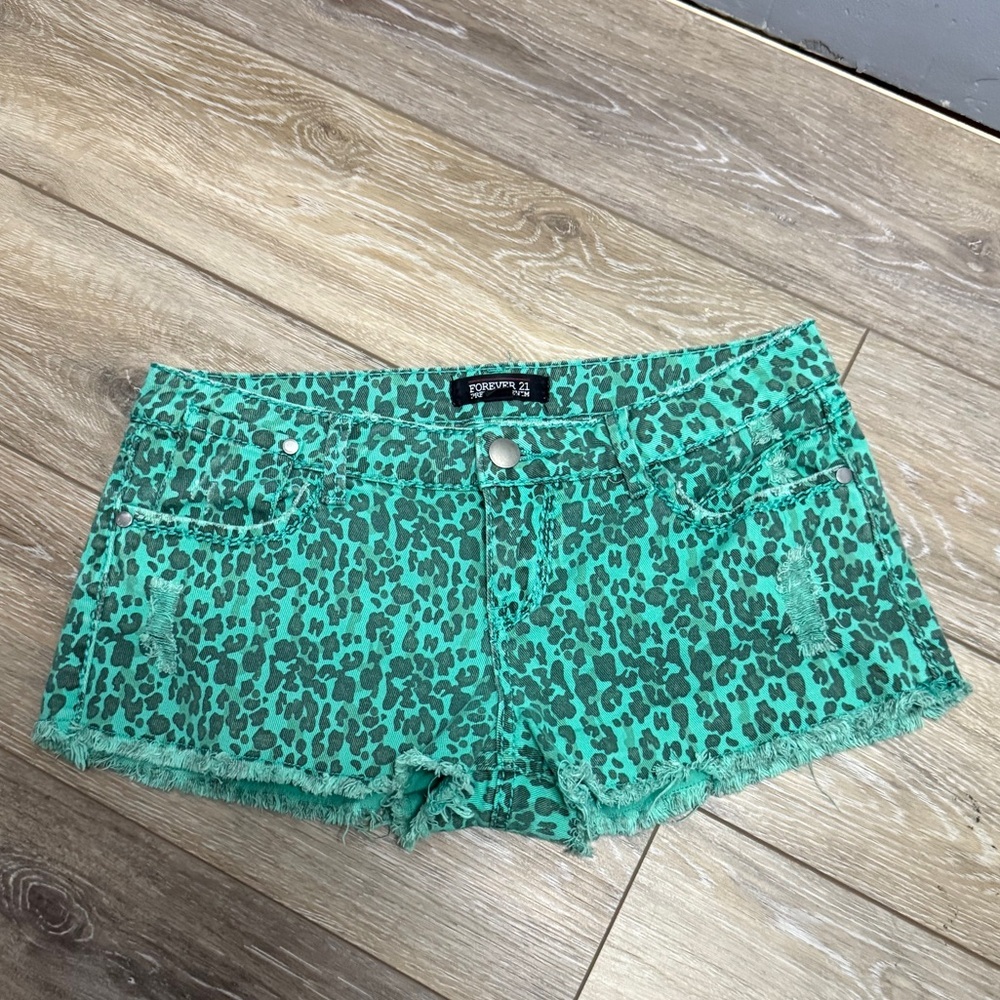 #10)  Forever 21 Teal Leopard Print Jean 2” Shorts